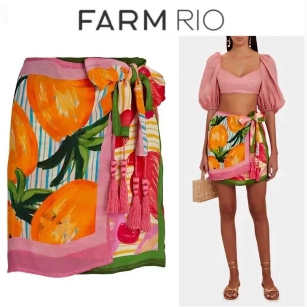 Farm Rio Fruits Scarves Mini Skirt Women's Medium M Multi Wrap Tassel Tropical - Picture 2 of 12